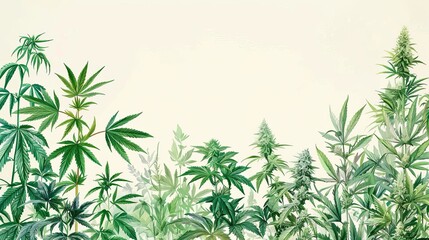 Obraz premium Illustrate a serene garden filled with medicinal plants, including cannabis, in a detailed botanical illustration style