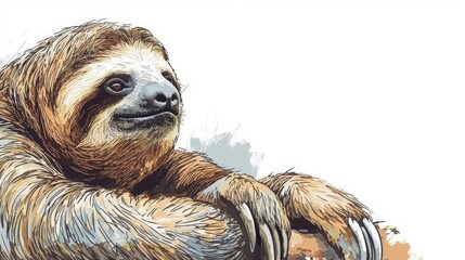 Naklejka premium Side View of Sloth Bradypus: White Background Copy Space Illustration