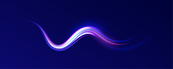Lines in the shape of a comet against a dark background. Elegant bright neon linear wave. Speed of light concept background. 