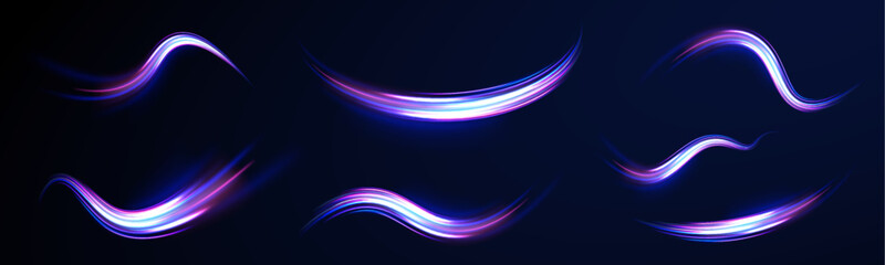 Lines in the shape of a comet against a dark background. Elegant bright neon linear wave. Speed of light concept background. 