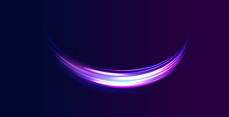Lines in the shape of a comet against a dark background. Elegant bright neon linear wave. Speed of light concept background. 
