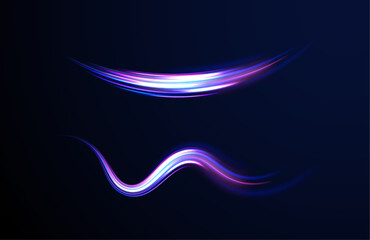 Car motion trails. Speed line motion vector background. Dynamic blue neon sport texture. Red blue motion police line, horizontal light rays. Abstract vector fire circles, sparkling swirls and energy l