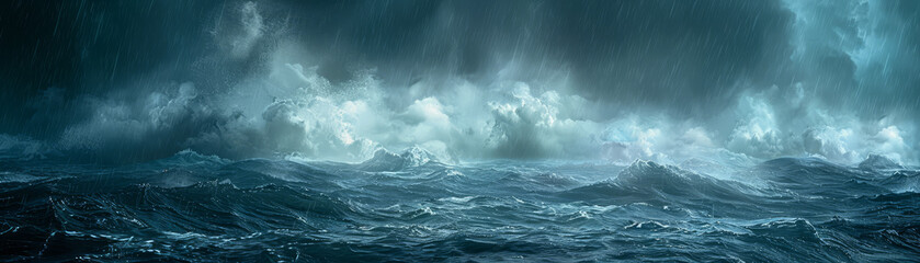 Obraz premium Dramatic storm clouds brood over tumultuous ocean waves, capturing a moment of nature's powerful and untamed beauty.