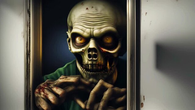 A hungry zombie with crazy eyes tries to break through the door and get closer to the victim