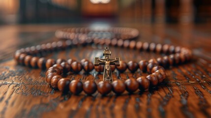 A beautifully detailed close-up photograph of a wooden rosary with a metallic crucifix resting on a polished wooden surface in a serene setting