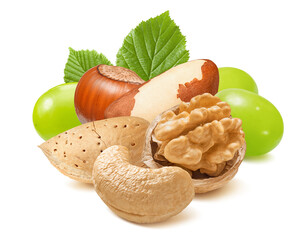 Almond in shell, cashew, brazil nut, walnut, hazelnut and green grapes isolated on white background.