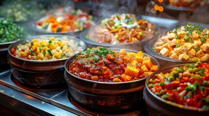 A tempting and colorful array of various hot and steaming dishes presented in bowls, showcasing a diverse and delicious food spread perfect for any occasion