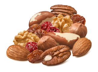 Hazelnut, walnut, almond, brazil nut, pecan, cranberry and raisin isolated on white background