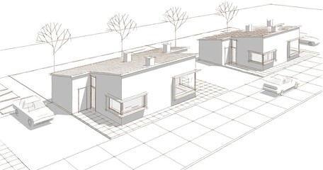  cottage town sketch 3D illustration