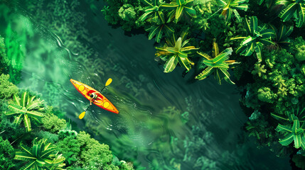 Aerial view of a person kayaking through a lush, tropical river surrounded by dense greenery and vibrant foliage. The water is clear, showing the natural beauty of the environment. - Powered by Adobe