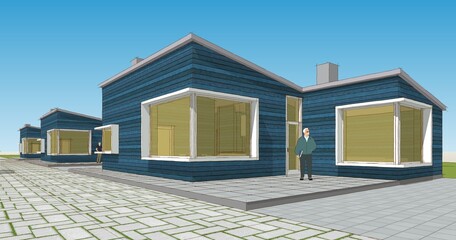  cottage town sketch 3D illustration