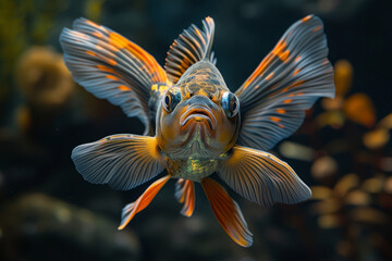 Fototapeta premium Vivid 3D fish with elongated fins, showcased in an amalgamation of Documentary.