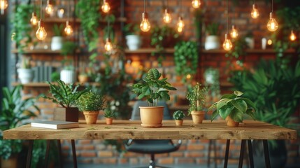 A cozy and inviting indoor setting featuring a wooden table adorned with various potted plants, enhanced by warm hanging lightbulbs and a brick wall background