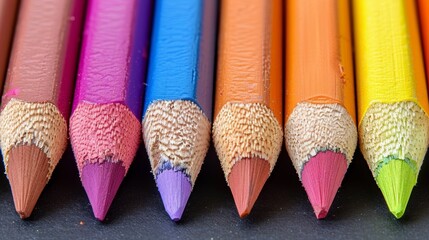 A close-up image showcasing a vibrant array of sharpened color pencils arranged in a neat line on a dark background, highlighting their rich and diverse hues