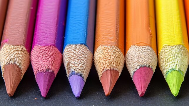 A close-up image showcasing a vibrant array of sharpened color pencils arranged in a neat line on a dark background, highlighting their rich and diverse hues