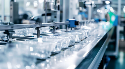 Obraz premium A close-up view of a modern automated production line for manufacturing plastic containers. The machinery and conveyor system are illuminated, giving the scene a high-tech ambiance.