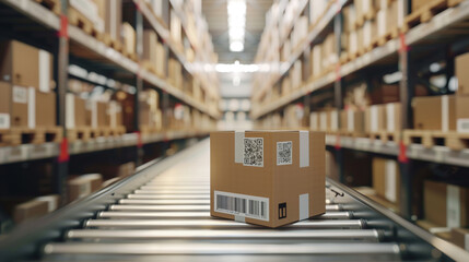 Close-up image of a cardboard box with barcodes on a conveyor belt in a large warehouse.