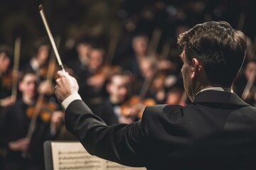 Elegant conductor directs a classical orchestra with precision and passion during a live concert