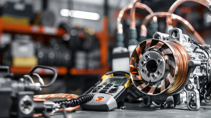 Close-up view of electric motor components and diagnostic equipment on a workbench in an industrial setting. The image showcases intricate copper wiring and various technical devices.