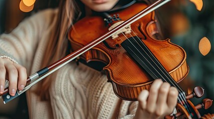 A woman is playing a violin. Concept of elegance and grace as the woman skillfully plays the instrument. The lighting and background suggest a cozy and intimate atmosphere