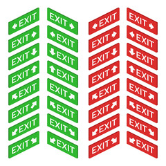 isometric exit red green wall arrow sign set vector flat illustration