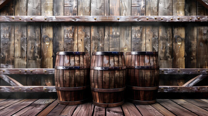 A rustic setting featuring three wooden barrels against a background of weathered wooden planks, creating a vintage, industrial atmosphere.