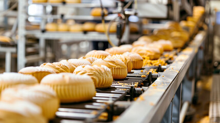 Rows of freshly baked bread and pastries on a conveyor belt in an industrial bakery setting. The breads are arranged in neat lines, ready for packaging or further processing. - Powered by Adobe