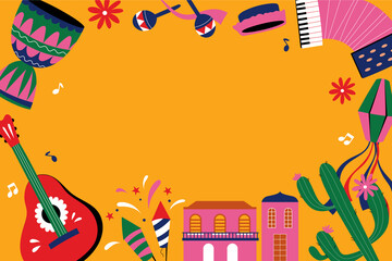 Hand drawn flat festa junina background with mexican elements