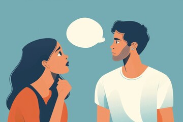 Fototapeta premium A man and a woman looking at each other with a thought bubble above them. Suitable for communication and relationship concepts