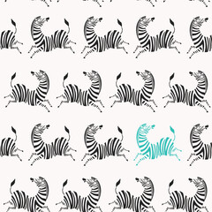 Seamless pattern with funny cartoon zebras. Safari animals. Exotic jungle background. For textiles, wrapping paper, gift paper, fabric.