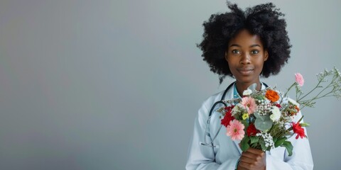 Portrait of an African American woman doctor nurse stands on a monochromatic background with a bouquet of flowers in her hands, concept for celebrating Doctor's Day, health day
