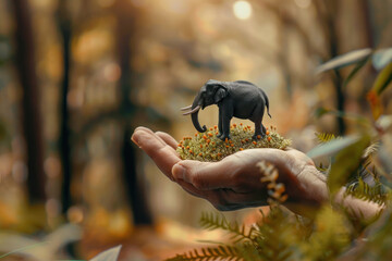 miniature elephant on the human hand