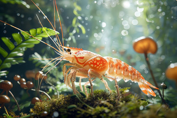 A series of 3D vibrant shrimp, portrayed in a natural habitat with a blend of Documentary,