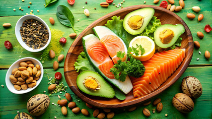 Keto diet concept - salmon, avocado, eggs, nuts and seeds, bright green background, top view