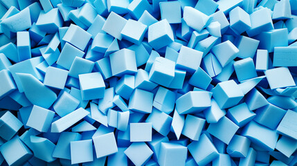 Close-up of numerous blue foam blocks randomly piled together, creating a textured and abstract pattern with various shapes and sizes.