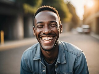 Obraz premium portrait of smiling american male in casual wear sitting on the street