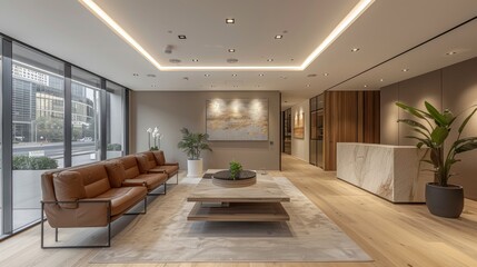 Fototapeta premium A modern, stylishly decorated office lobby area featuring comfortable brown leather seating, large windows, indoor plants, and artistic wall hangings