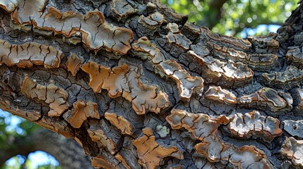 A close-up detailed image of a tree trunk with textured, peeling bark in an outdoor natural environment under bright sunlight