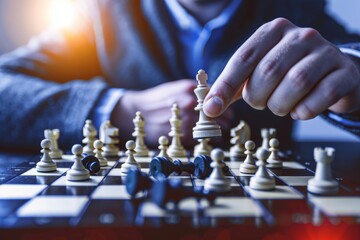 Closeup of a hand making a decisive move with a pawn on a chessboard