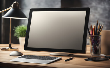 Blank digital tablet screen on a modern office desk