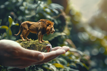 Miniature lion on the human hand