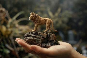 Miniature lion on the human hand