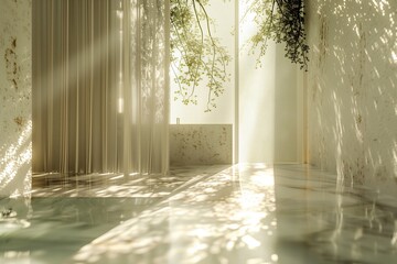 Translucent 3D room bathed in soft light, offering a glimpse into tranquility.