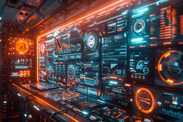 Obraz premium A tech enthusiast interacts with a futuristic virtual reality interface, displaying vivid data graphics and charts.