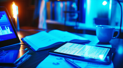 A dimly lit workspace with a laptop displaying graphs, an open book, a tablet showing documents, a notebook, and a cup of coffee, creating a business or study environment.