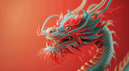 A red dragon dance head with an empty background and a gradient color from light pink to dark orange.	
