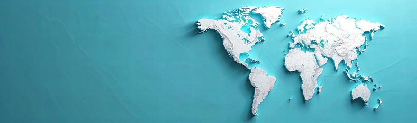 paper cut style world map, blue background, copy space, place for text