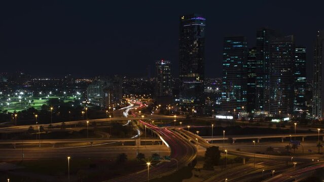 Time lapse of Dubai with panoramic view of skyscrapers from day to night, United Arab Emirates