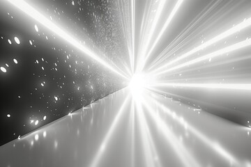 White abstract space tunnel, illuminated by ethereal beams of cosmic light.
