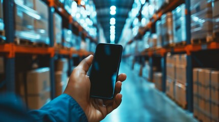 Hand holding a smartphone in a large warehouse with shelves stocked with boxes. The image emphasizes logistics, inventory management, and technology in supply chain operations.